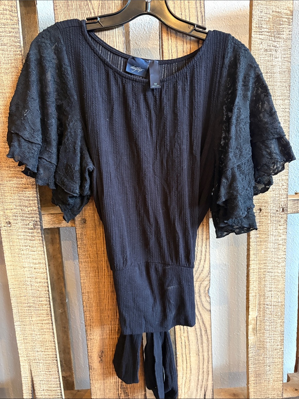 Day Trip Black Ruffle Lace Sleeve Tie-Waist Top - Picture 1 of 3
